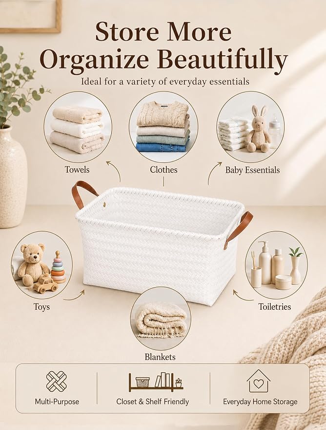 Wicker Storage Baskets, 4 Pack Woven Baskets for Shelves, White | PP Rattan, Water-resistant Wicker Basket, Large Baskets with Faux Leather Handles for Blanket, Laundry Organizer, Room Decor