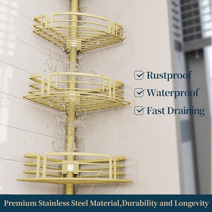 Consumest Corner Shower Caddy Tension Pole - Rustproof Shower Shelves with Towel Bar & Soap Holder, Adjustable Bath Organizer for Bathroom Storage, 27.6-108.3 inch, Gold