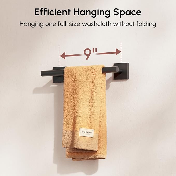Matte Black Hand Towel Bar, 9 Inch Towel Racks for Bathroom | Thicken 304 Stainless Steel Towel Holder with Square Base, Towel Rod Wall Mounted, Modern Home Decor (Total Length 11 Inch)