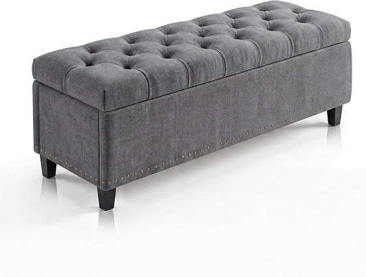 51" Extra Large Storage Ottoman Bench, Supports 660lbs End of Bed Storage Bench with Button-Tufted Upholstery and Safety Close Hinge, Upholstered Bench for Living Room, Bedroom, Entryway - Grey