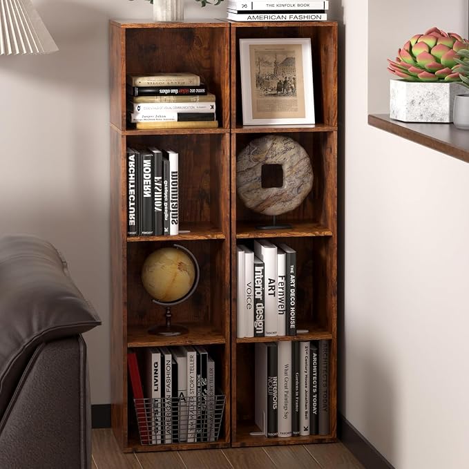 Cube Storage Organizer, 4 Cube Retro Bookshelf, Freestanding 4 Tier Open Shelf, Rustic Brown Retro Shelves for Home Office, Bedroom, Living Room, Study