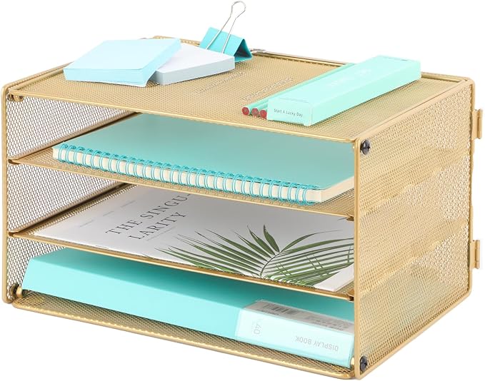 Paper Organizer Tray, 3 Tier Mesh Desk File Organizer Letter Sorter Holder for Home Office, Gold