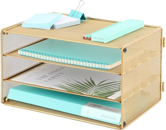 Paper Organizer Tray, 3 Tier Mesh Desk File Organizer Letter Sorter Holder for Home Office, Gold