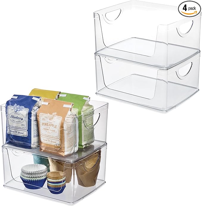 iDesign Stackable Open-Front Storage Bins with Handles, Set of 4, Clear | For Kitchen and Pantry