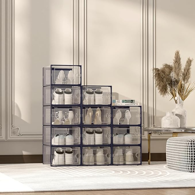 Kuject X-Large Shoe Storage Boxes 12 Pack, Clear Stackable Shoe Organizer | Shoe Case for Closet, Entryway & Under-Bed Storage, Drop-Front Design, Space-Saving Solution for Family Organization,Blue