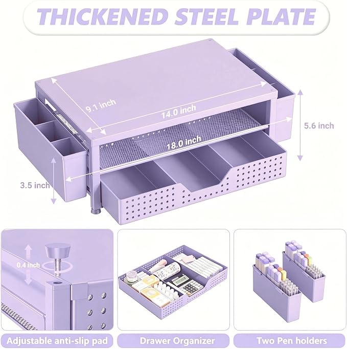 OPNICE Desk Organizers and Accessories, Computer Monitor Stand Riser with Drawer and 2 Pen Holders, Printer & Laptop Stand, Office Desk Accessories & Workspace Organizers for Home Office Supplies, Purple