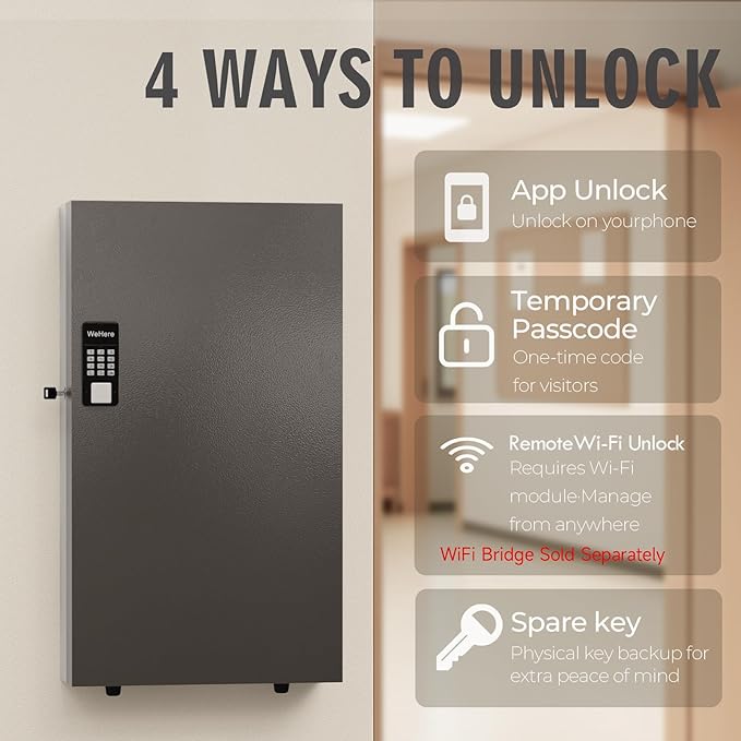 360 Key Lock Box Smart Key Organier Cabinet with Keypad & App for Office | Wall Mounted Lockbox use App, Custom & One Time Password, WiFi (Need W100 Bridge) Unlock for School, Office, Fleet, Hotel