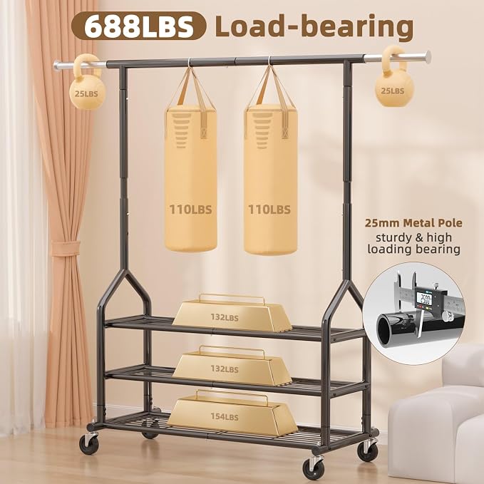 EAGMAK Heavy Duty Clothes Rack Load 556 LBS, Rolling Clothing Rack With 3 Shelves, Adjustable Metal Clothes Hanger with Wheels, Portable Wardrobe Organizer Garment Rod for Hanging Clothes (Black)