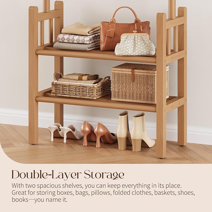 Yoobure Solid Wood Clothing Rack with Shelves - Coat Rack Freestanding with 6 Hooks, 3-in-1 Hall Tree for Hanging Clothes, Tall Garment Racks with Storage for Bedroom, Entryway, Living Room, Closet