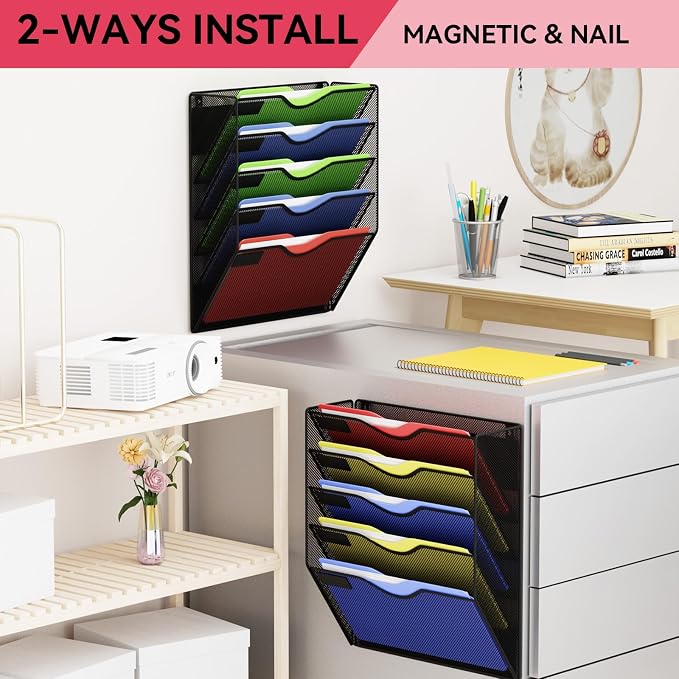 5-Tier Magnetic File Holder, No Drilling Wall File Organizer, File Folder Bins, Mail & Magazine Rack, Magnetic Paper Document Holder for Refrigerator File Cabinets Whiteboard, Black