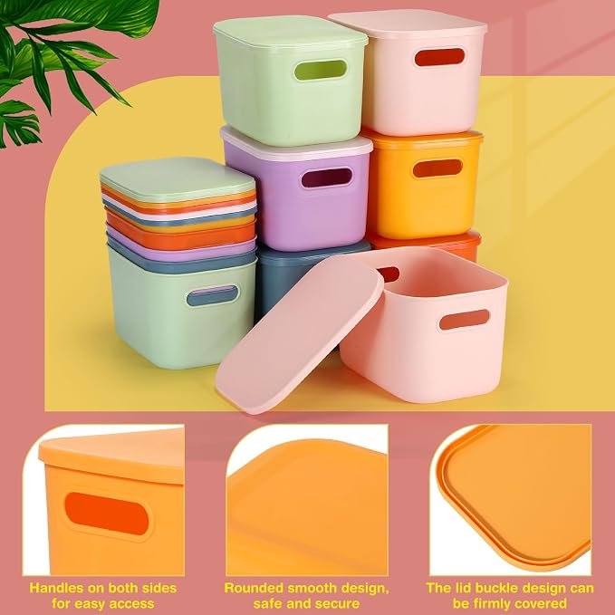 Thyle 12 Pack Pastel Colorful Plastic Storage Bins with Lids 7 Quart Toy Storage Box Stackable Nestable Organizer Boxes with Handle and Labels for Classroom Shelf Bedroom Desktop Toys School Supplies