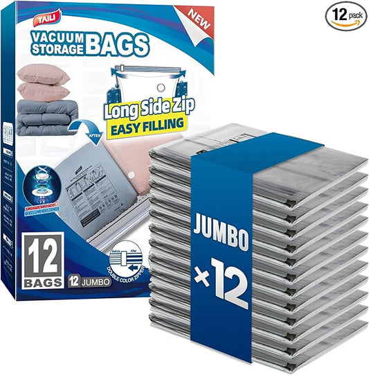TAILI 12 Pack Vacuum Storage Bags, Jumbo LONG SIDE ZIP(39x28 inch), Clear | Vacuum Seal Bags for Clothing, Space Saver for Beddings, Comforters, Blankets, Pillows