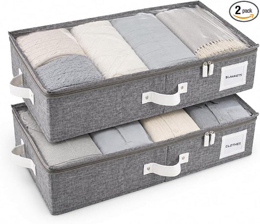 2pc Under Bed Storage Containers, Bedroom Under the Bed Drawer Storage Organizer with Bins and Lids, Large Underbed Clothes Storage Box Ideal for Blanket, Fabric, & Shoes (LightGray)