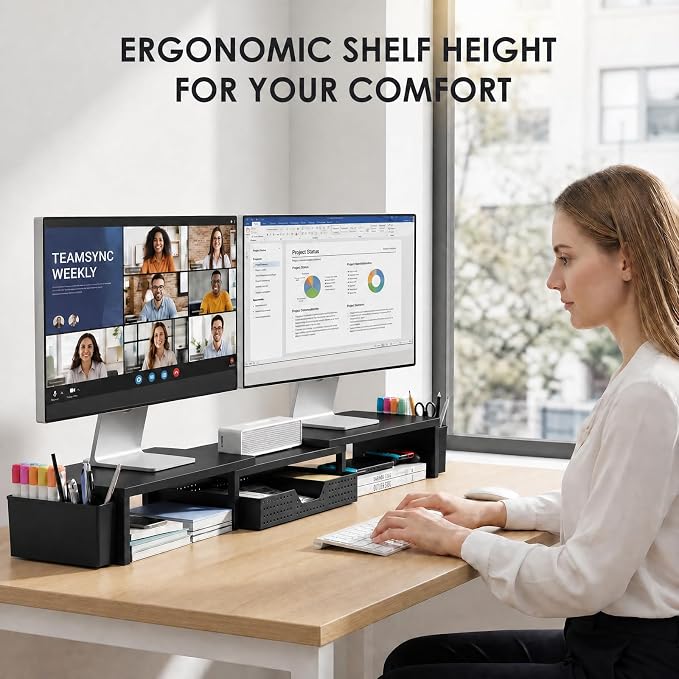 OPNICE Desk Organizers and Accessories, Dual Monitor Stand Riser with Drawer and 2 Pen Holders, Desk Shelf Computer Racks for Office Workspace Organizers, Desktop Organization (Black)