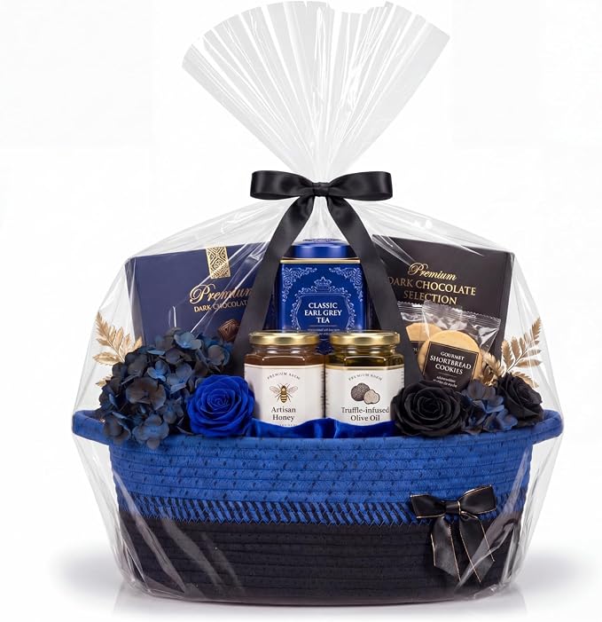 Colingmill 1 Set Woven Empty Basket for Gift,Blue Black | with Cellophane Wrap Set, 14 x 10 x 5.5 Inch, Medium Decorative Gift Basket, Cotton Rope Storage Box, Home Decor