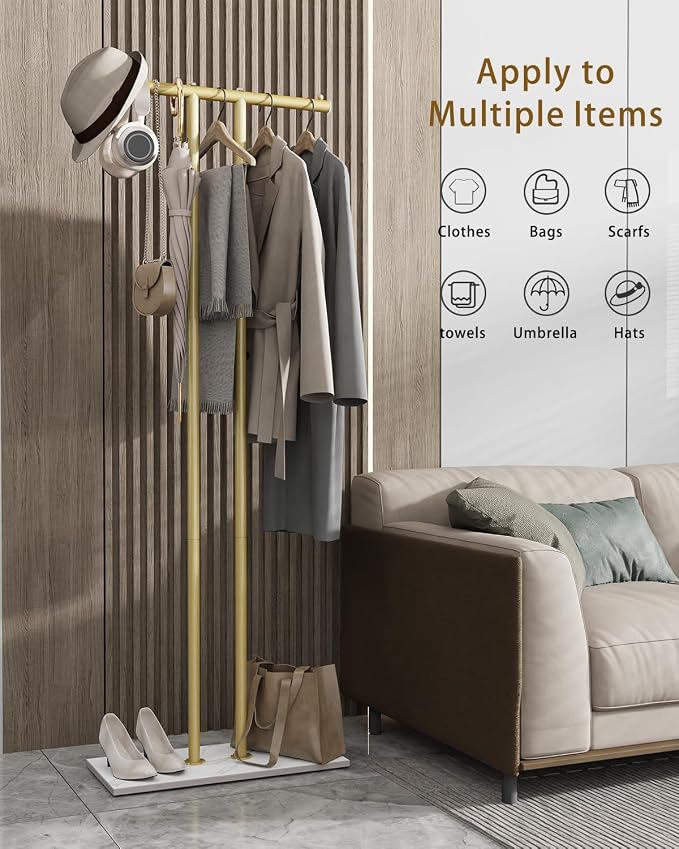 OUTBROS Large Metal Coat Rack Freestanding with Rock Base, Gold | Standing Garment Storage for Indoor - 23.6" Wide Heavy Duty Clothe Rack Metal Clothing Hanger Rack