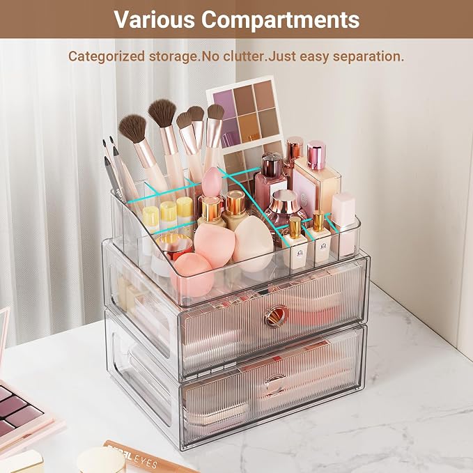 2 Tier Clear Makeup Organizer with Drawer, PET Cosmetic Storage for Dresser, Countertop & Bathroom Vanity, Holders for Lipstick, Brushes, Skincare & Beauty Supplies