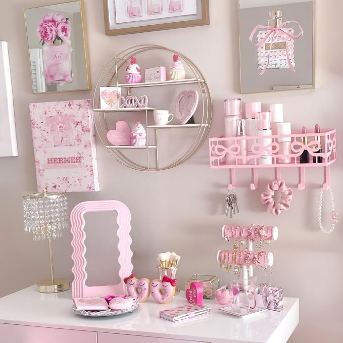 Hicarer Pink Bow Key Holder Wall Mount with Basket and 5 Hooks Decorative Cute Coquette Bow Hooks Hanger Pink Key and Mail Organizer Coquettish Preppy Decor for Entryway Home Apartment Dormitory