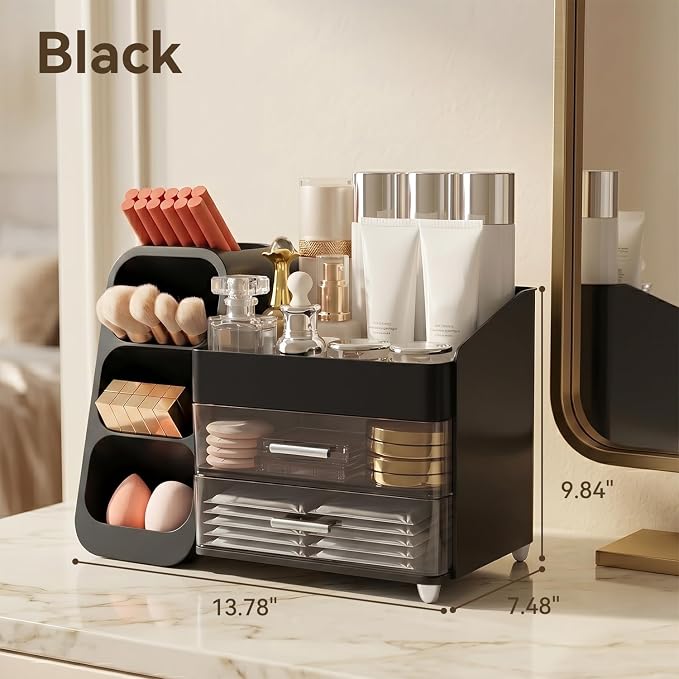 Makeup Organizer for Vanity with Brush Holder and 2 Drawers, Black | Large-Capacity Makeup Holder Organizes Skincare, Cosmetics and Daily Beauty Products for Tidy Vanity and Bathroom Counters
