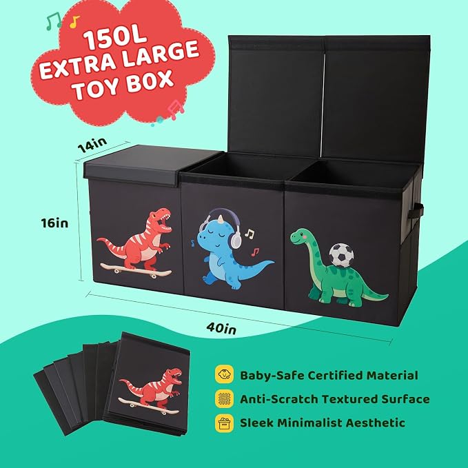 Extra Large Toy Box with Lid,Dinosaur Collapsible Toy Storage,Black | 40"x14"x16",150L Large Capacity,Sturdy Kids Organizer,Toybox,Toy Chest for Boys & Girls,Living Room,Nursery,Bedroom,Playroom