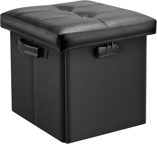 DocSafe Storage Ottoman with Lock,Fireproof Folding Ottoman Foot Rest Stool Storage Chest with Storage Safe for Important Documents,Waterproof 13 Inches Short Ottoman Foot Stool with Handles,Black