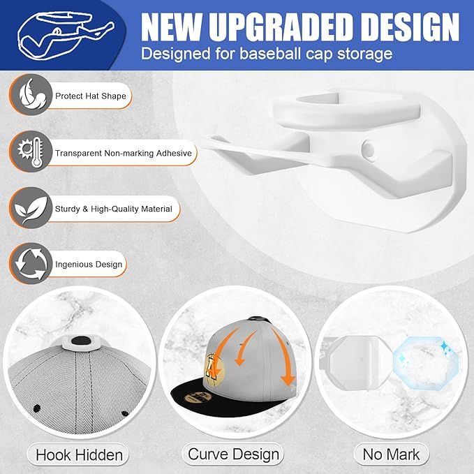 Niunuerga 24 Pack Hat Hooks for Wall, Strong Adhesive Hat Rack for Baseball Caps, Minimalist Hat Organizer Display for Home Decor, Hat Hold Hanger for Wall, Door, Closet, No Drilling (White)