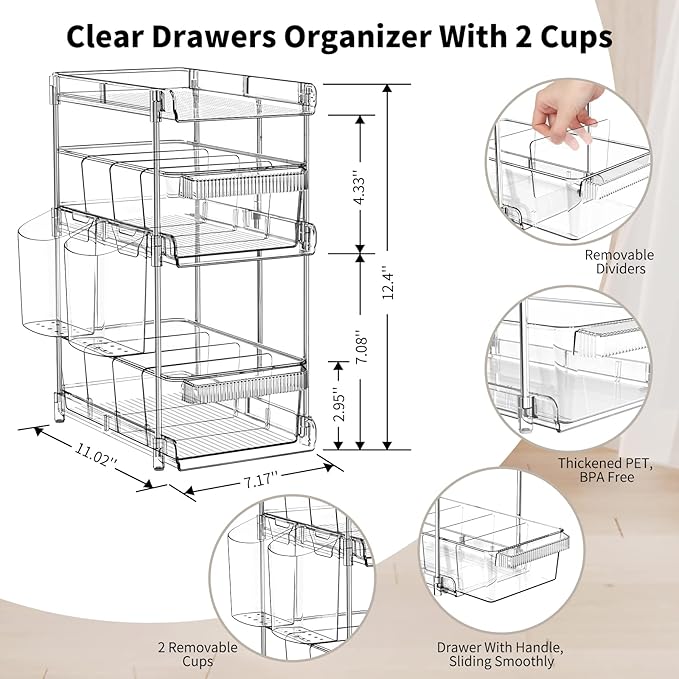 WAKISA 2Pcs Pull Out Organizer and Storage with Cups and Removable Dividers | Slide Out Drawer Storage Containers for Bathroom, Kitchen and Under-Sink Organization with 2 Cups and 6 Removable Dividers