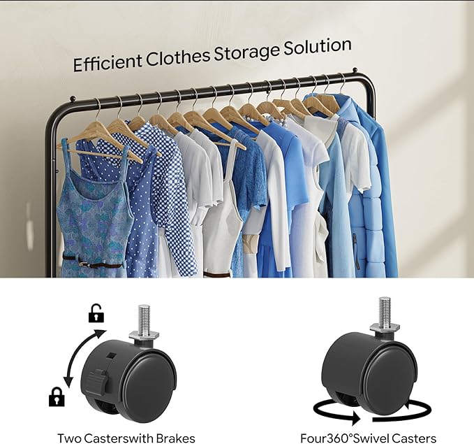 Simple Trending Clothing Rack for Hanging clothes, Portable Garment Rack with Bottom Shelf, Metal Clothes Rack on Wheels for Bedroom, Laundry Room, Black