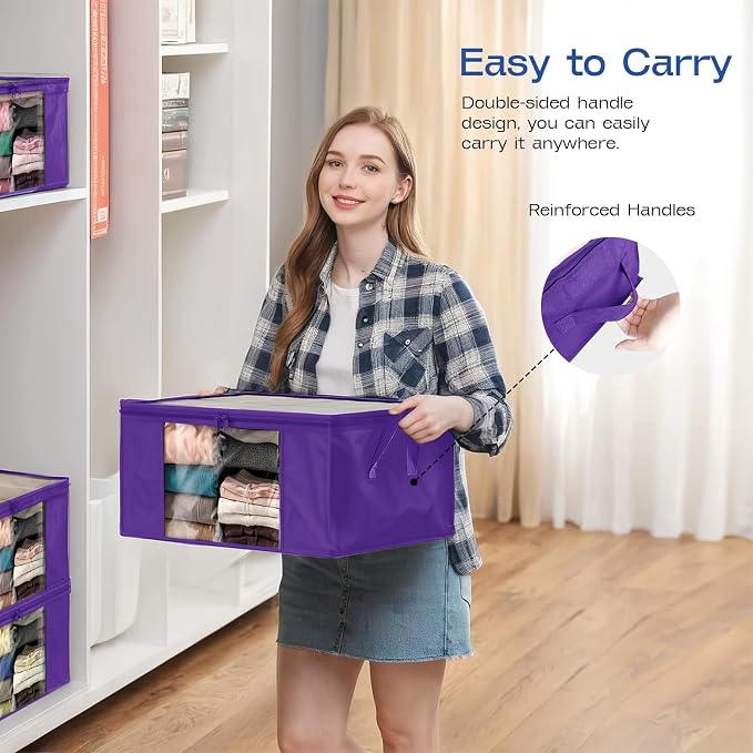 Clothes Storage Bags, Foldable Thick Fabric Blanket Storage Bags, Large Clear Window & Carry Handles, Great for Clothes, Blankets, Closets, Pillows (Purple, 6PACK)