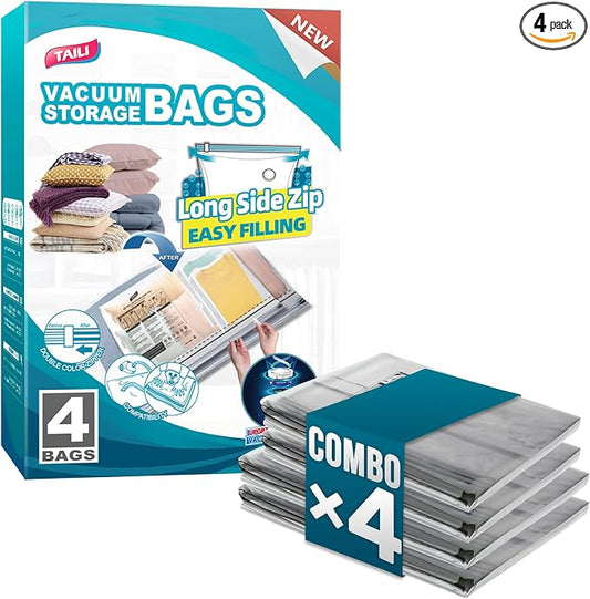 TAILI 4 Pack Vacuum Storage Bags, 2 Size Combo(2 Large+2 Jumbo), Clear | LONG SIDE ZIP Vacuum Seal Bags for Clothing, Space Saver for Beddings, Comforters, Blankets, Pillows