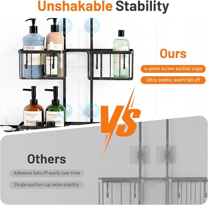 Luxspire Shower Caddy Hanging Overhead, Shower Organizer Hanging, Black | No Drilling Required, Height-Adjustable, Thickened Rustproof Stainless Steel, Heavy-Duty, Include 8 Hooks And Soap Holder