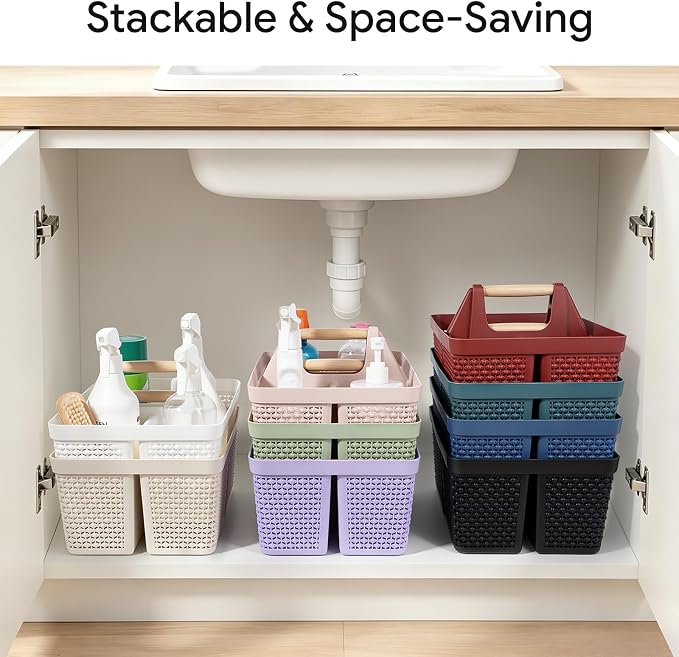 UUJOLY Portable Plastic Shower Caddy Basket with Wooden Handle, Pink | Divided Storage Organizer Tote for Bathroom, Dorm, College, Kitchen & RV – Lightweight, Easy-Carry Essentials Caddy