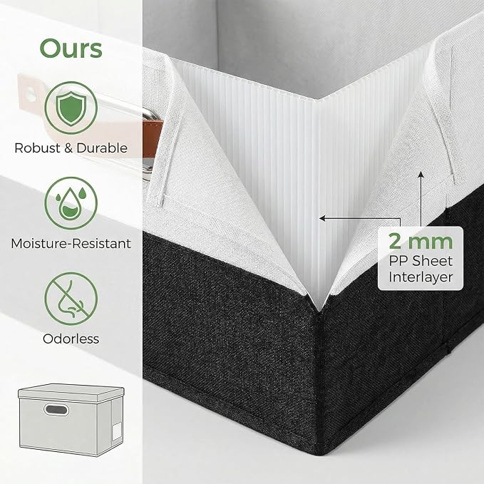 PRANDOM Storage Bins with Lids [3-Pack] Linen Fabric Foldable Storage Boxes Organizer Containers Baskets Cube with Cover for Bedroom Closet Office Black & White（11.4X8.6X6.7