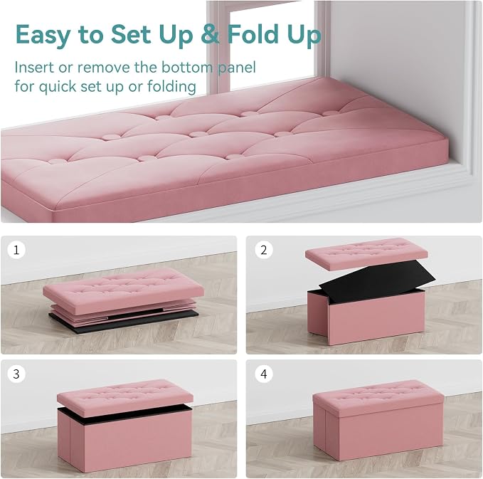 BRIAN & DANY Folding Storage Ottoman Bench, Ottoman with Storage, Foot Rest, Benches Seat for Bedroom, Living Room, Entryway, Long Shoes Bench, 15.7" x 31.5" x 15.7" Dusty Pink