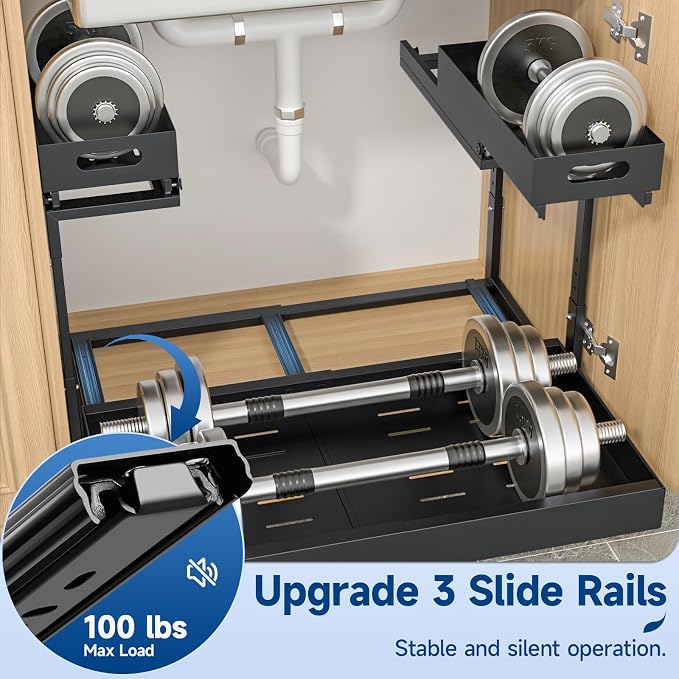 Insputer Upgrade Expandable Under Sink Organizer, 2 Tier Metal Under Cabinet Storage with 3 Slide Rails, Height Adjustable, Thickened Pull Out Drawer Shelf for Bathroom, Kitchen, Laundry, Pantry