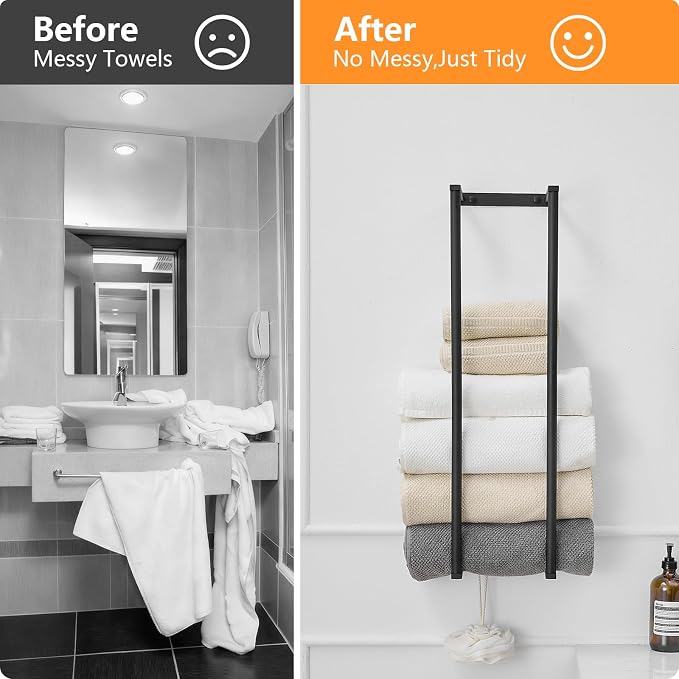 BWE Matte Black Towel Racks for Bathroom 28" Towel Holder for Rolled Towels | Stainless Steel Wall Mounted Towel Storage for Bathroom with 2 Hooks, 6 Large Bath Towels Capacity