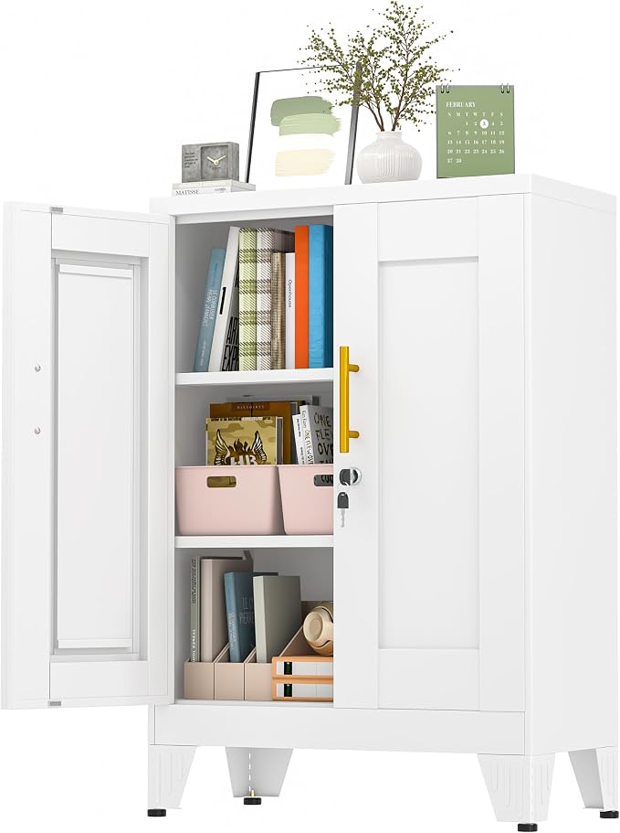 GAIOUS 36" White Floor Storage Cabinet, Locked Metal Storage Cabinets with 2 Doors and 2 Adjustable Shelves, Sideboard Buffet Cabient, Freestanding Cabinet for Home/Office/Garage/Tool Room/Bathroom