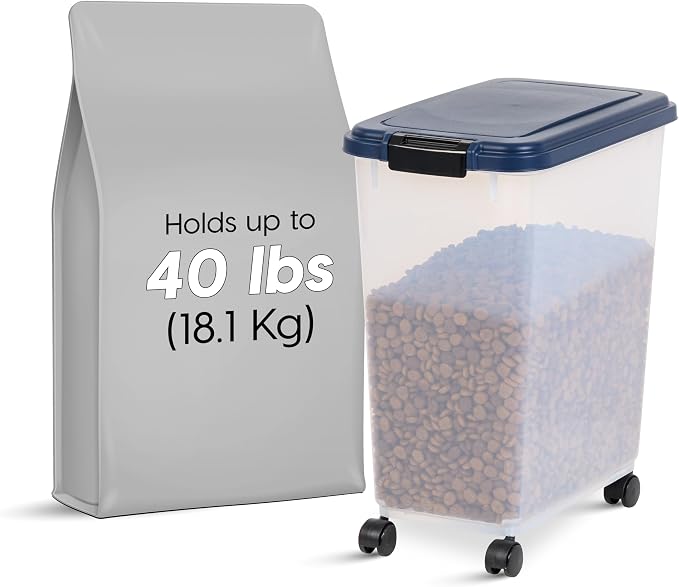 IRIS USA Airtight Dog Food Storage Container, Up to 40 lbs, Attachable Wheels, For Dog Cat Bird and Other Pet Food Storage Bin, Keep Fresh, Translucent Body, Easy Mobility, Navy | Clear Plastic Bin with Snap-Lid Seal and Wheels to Keep Kibble, Pellets,...
