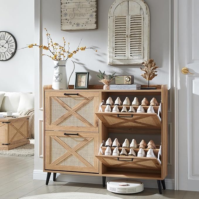 Barnyatoh Farmhouse Shoe Storage Cabinet,Shoe Organizer with 4 Flip Drawers | Freestanding Hidden Slim Narrow Shoe Rack Cabinet,Barn Door Design, Wood Shoes Organizer for Entryway,Foyer,Hallway,Natural