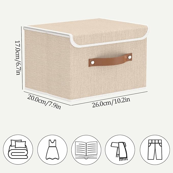 OUTBROS Fabric Storage Bins, Beige, 5 Pack 10.2 x 7.9 x 6.7 in | Storage Boxes with Flip-Top Lid and Handles, Cube Organizers for Organizing Home,Office,and Closet