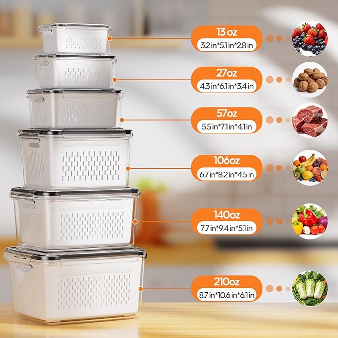JSCARES Fruit Storage Containers for Fridge with Removable Colander, 6 Pack | Plastic Produce Saver for Refrigerator, Fruit Organizers Keep Berry Veggie Fresh Longer, Dishwasher Safe, Largest 6.55 Quart