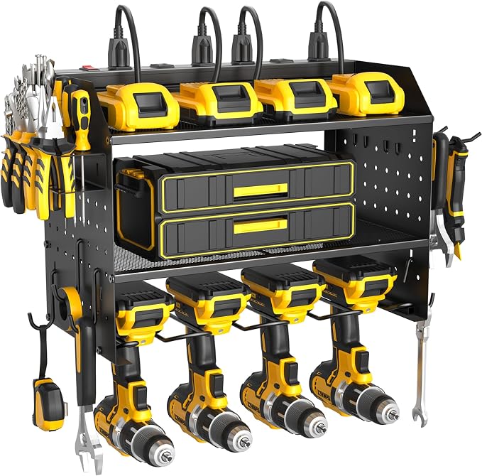 Power Tool Organizer Wall Mount 3 Layer Charging Station with 6 Outlets | Heavy Duty Tool Holder Storage Shelf Rack for Garage, Workbench and Workshop, Black, 4 Drill Holders and Drill Bit Rack,Black