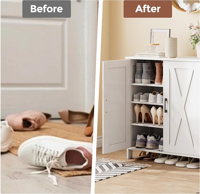 Homleke Farmhouse Shoe Cabinet with 2 Barn Doors & Wood Legs | Tall 4-Tier Shoe Storage Cabinet, 3 Adjustable Shelves, Shoe Rack Organizer, for Entryway, Hallway, Closet, White