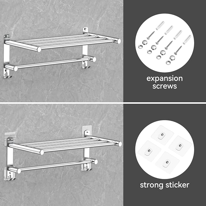 CAXIMSY Adjustable Towel Bar for Bathroom Wall Mount17-30.7inch Adhesive Shower Towel Rack Stainless Steel Bath Towel Holders for Toilet Kitchen Double Towel Hanger (2-Layer Towel Rack)