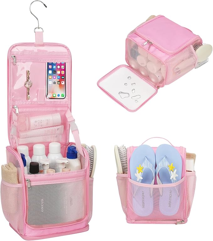 Mesh Shower Caddy Portable, Toiletry Bags for Travel, Hanging Shower Organizer Tote Bag for College Dorm Students Girls Boys, Dry and Wet Separation with Metal Hook - Pink