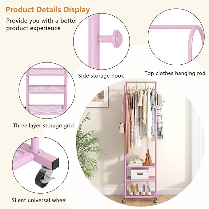 Kaitiemoo Clothing Rack, Mobile Garment Rack with Wheels & 3 Shelves, pink | Heavy Duty Frame, Fits Small Spaces, 71.8 Inches Display Rack, Easy to install, pink clothes rack