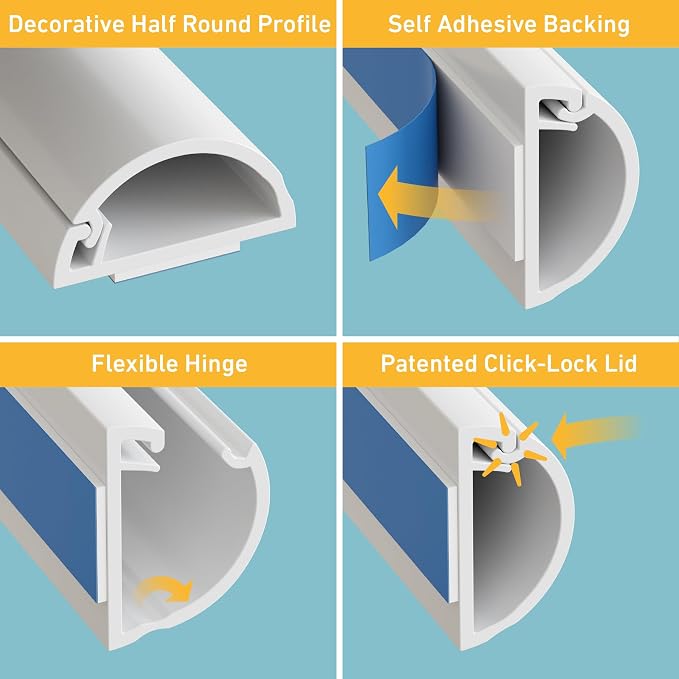 D-Line Half Round Cord Hider, Patented Cable Cover, Hide TV Wall Mount Wires, Raceway for Cords, Decorative Wire Covers, Paintable, Adhesive Cable Concealer, 10x 0.78in W x 0.39in H x 15.7in L, White