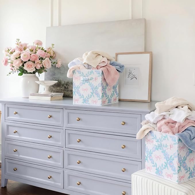 6 Pcs Blue Floral Bow Cube Storage Bins 11 Inch Blue Flower Storage Basket with Handle, Preppy Girls Organizer Basket, Collapsible Fabric Box for Classroom Bedrooms Office Home Decoration Gift