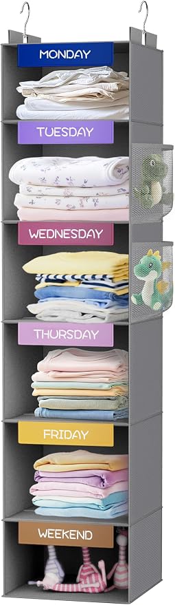 Weekly Hanging Closet Organizer for Kids, 6-Shelf Clothes Storage with Labeled Days of The Week Monday Through Friday, Weekday and Weekend, Days of The Week Clothes Organizer
