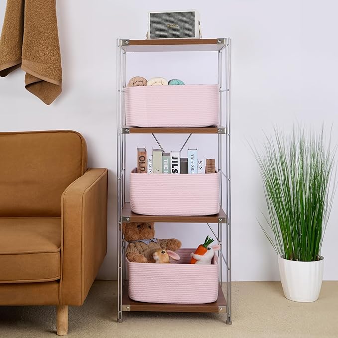 MiniArk Large Storage Baskets for Organizing, 17 x 13 x 7.5” Closet Shelf Baskets for Clothes Blanket Towels, Baby Nursery, Toy Bins Box, Woven Rope Baskets, 4 Packs Light Pink